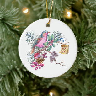Décoration En Céramique Aquarelle Oiseau de Noël et baies