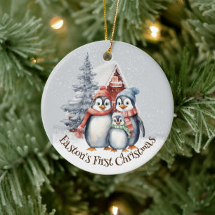 Décoration En Céramique Aquarelle Penguins Famille de bébé Noël