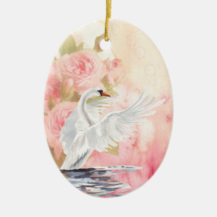 Décoration En Céramique Aquarelle personnalisée Cygne blanc et Roses