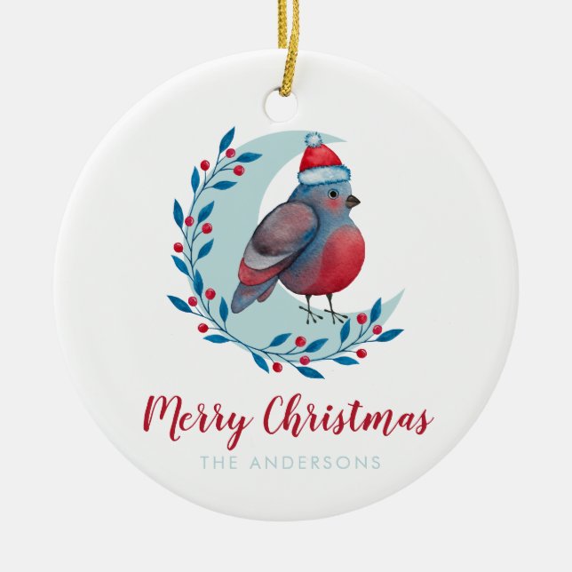 Décoration En Céramique Aquarelle personnalisée Oiseau de Noël sur la lune (Devant)