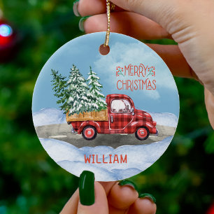 Décoration En Céramique Aquarelle Plaid Camion Rouge Neige Joyeux Noël
