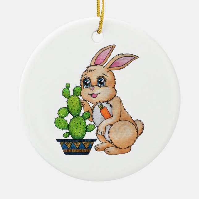 Décoration En Céramique Aquarelle Rabbit Et Cactus Mignons (Devant)