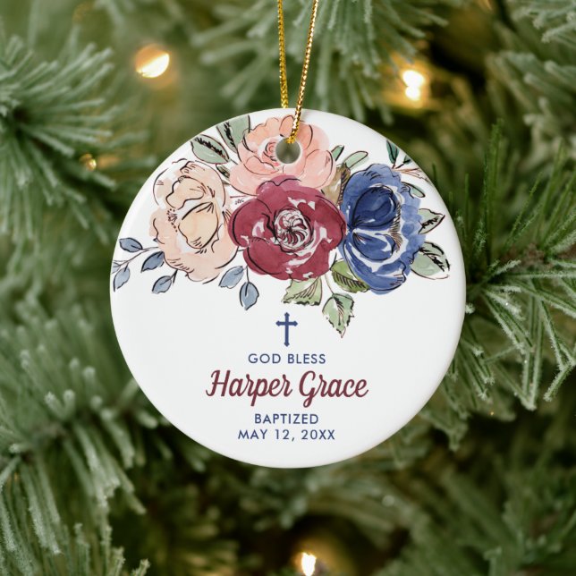Décoration En Céramique Aquarelle Roses personnalisées Baptême de fille (Arbre)
