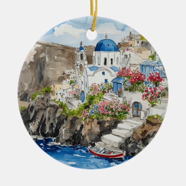 Décoration En Céramique Aquarelle Santorin Grèce (Devant)
