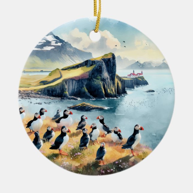 Décoration En Céramique Aquarelle Vik Islande Puffins (Devant)