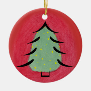 Décoration En Céramique Arbre de Noël minimal d'aquarelle avec les lignes