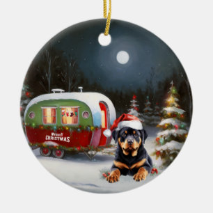 Décoration En Céramique Aventure de Noël de la caravane Rottweiler d'hiver