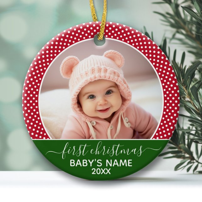 Décoration En Céramique Baby First Christmas - Pois rouges (Baby's First Christmas Photo Ornament - Red and Green)