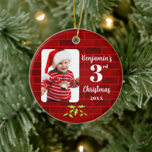 Décoration En Céramique Baby's 3e Noël rouge brique ronde Keepsaké