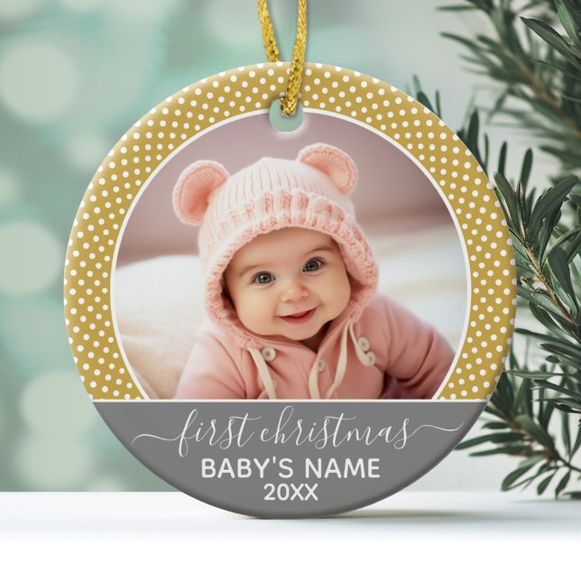 Décoration En Céramique Babys First Christmas - points jaunes gris (Personalized Photo Ornament - Baby's First Christmas)