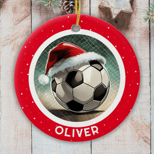 Décoration En Céramique Balle de football Rouge Père Noël Nom de l`enfant