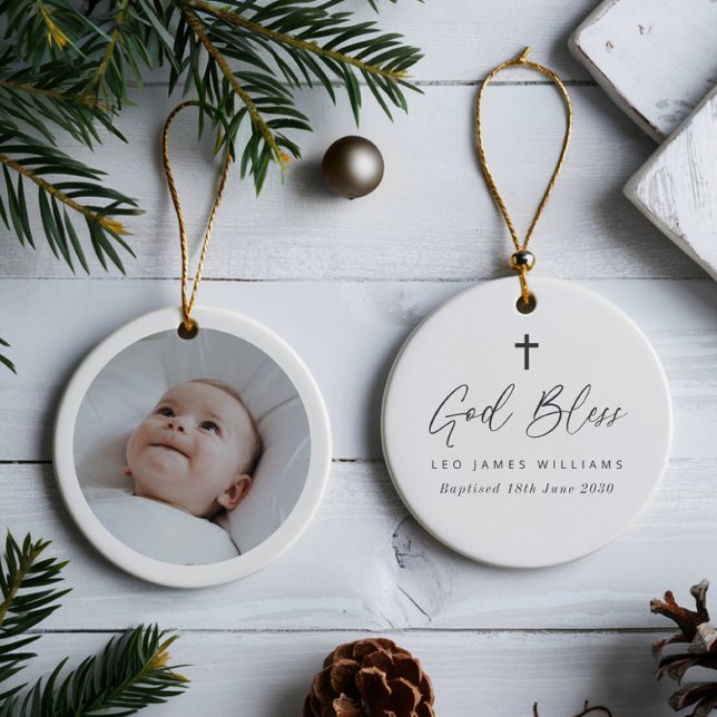Décoration En Céramique Baptism Keepsake Round Photo  (Zazzle Baptism Keepsake Round Photo  Ceramic Ornament)