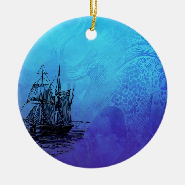 Décoration En Céramique Bateau et poulpe nautiques (Devant)