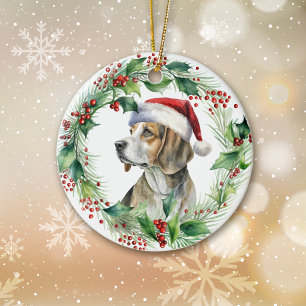 Décoration En Céramique Beagle Santa Hat Holly Wreath Noël