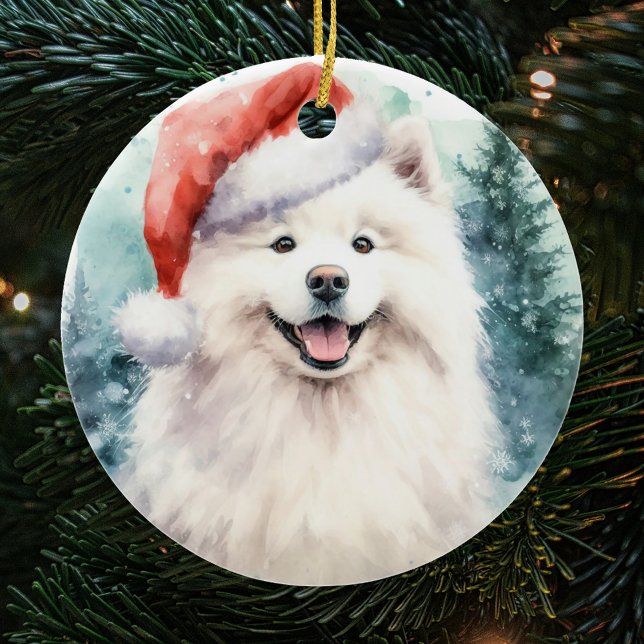 Décoration En Céramique Beau Blanc Samoyed Aquarelle Noël (Créateur téléchargé)