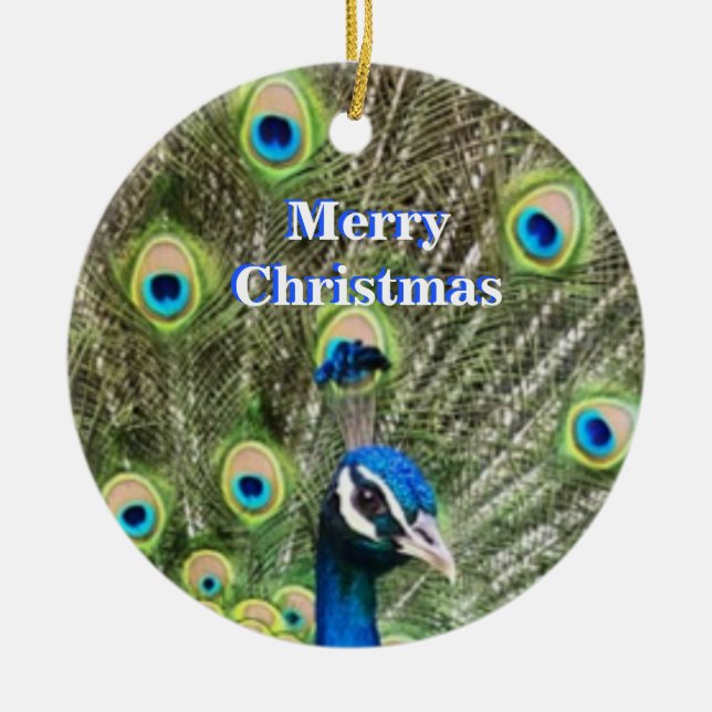 Décoration En Céramique Beau Noël bleu paon oiseau & calligraphie (Devant)