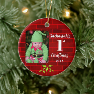 Décoration En Céramique Bébé 1er Noël Rouge brique ronde Keepsaké