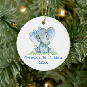 Décoration En Céramique Bébé Première aquarelle de Noël Bleu éléphant Bow