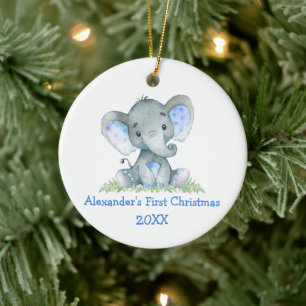 Décoration En Céramique Bébé Première aquarelle de Noël Blue Elephant