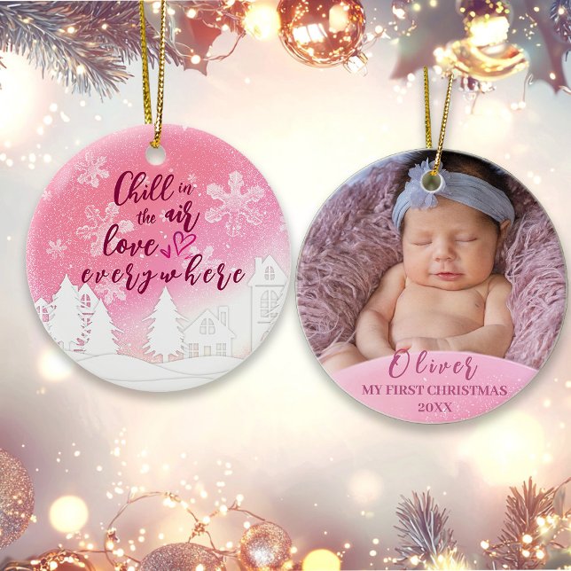 Décoration En Céramique Bébé rose 1er Noël Photo personnalisée (Créateur téléchargé)