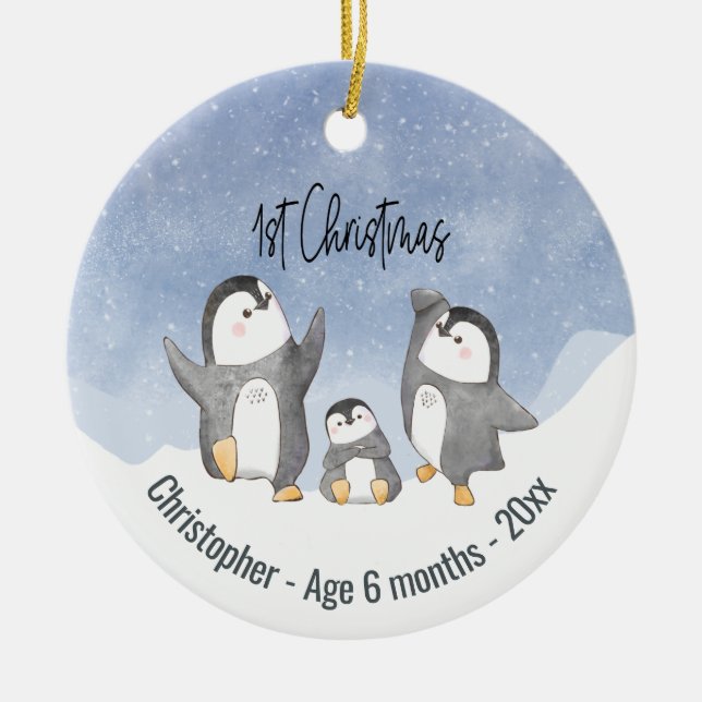 Décoration En Céramique Bébés de pingouins mignons Premier Noël (Devant)