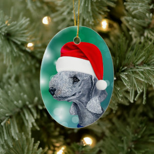Décoration En Céramique Bedlington Terrier Chien Rouge Santa Chapeau Noël