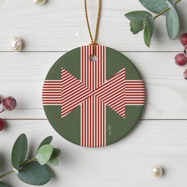 Décoration En Céramique Big Bow of Striped Ribbon (Bold Ceramic Ornament with Custom Message)