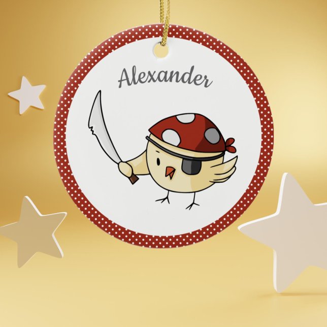 Décoration En Céramique Bird Capitaine Pirate Thème Personnalisé (Cute pirate bird with eye patch and red bandana personalized ornament keppsake)