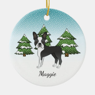 Décoration En Céramique Black Boston Terrier Dans Une Forêt D'Hiver Et Nom