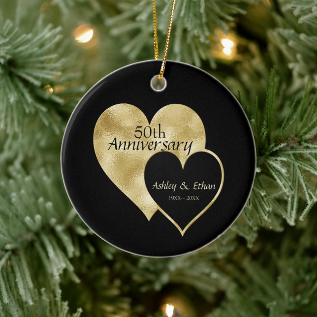 Décoration En Céramique Black & Foil Gold Hearts (Arbre)