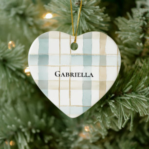 Décoration En Céramique Bleu Crème Blanc Carreaux Rayures Noël