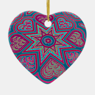 Décoration En Céramique Bleu Folk Art Hearts Ornament