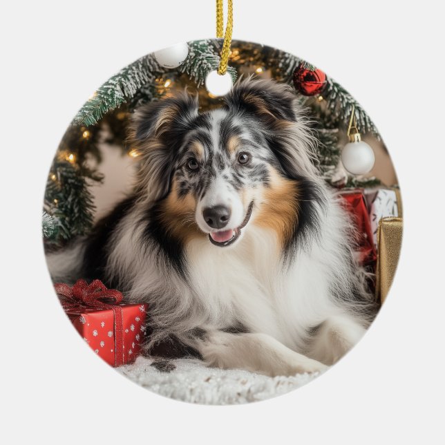 Décoration En Céramique Bleu Merle Sheltie Noël (Devant)