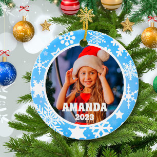 Décoration En Céramique Bleu Noël Snowflakes Personnalisé Enfants Photo