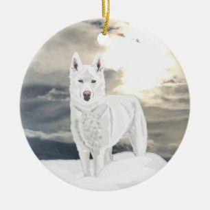Décoration En Céramique Bleu oeil, blanc Husky, neige