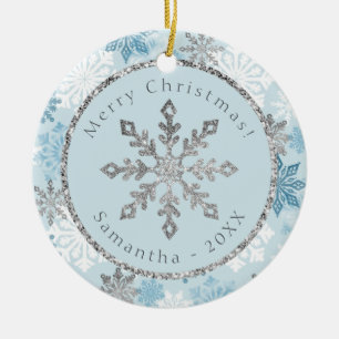Décoration En Céramique Blue Snowflake Nom personnalisé Date
