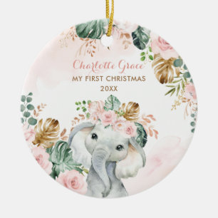 Décoration En Céramique Boho Elephant Baby 1er Noël Fleur rose pâle