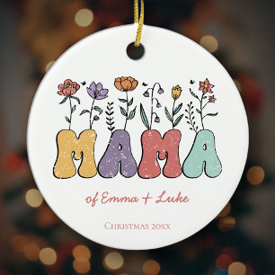 Décoration En Céramique Boho Mama Texte avec Fleurs et Noms des enfants No