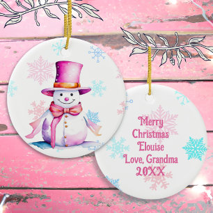 Décoration En Céramique Bonhomme de neige de Noël rétro en rose 