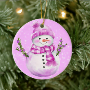 Décoration En Céramique Bonhomme de neige joyeux rose personnalisé