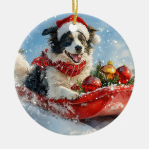 Décoration En Céramique Border Collie Chien en Traîneau Laissez-le Neiger
