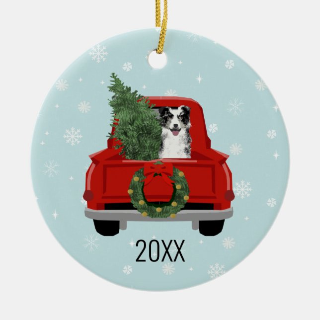 Décoration En Céramique Bordure Collie Chariot rouge Noël (Devant)