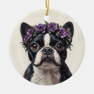 Décoration En Céramique Boston Terrier dans une couronne de fleurs violett