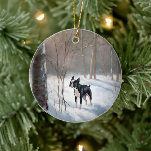 Décoration En Céramique Boston Terrier Laisser neiger Noël