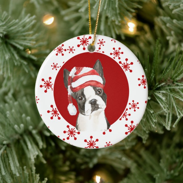 Décoration En Céramique Boston Terrier Santa Hat Red Snowflake (Arbre)