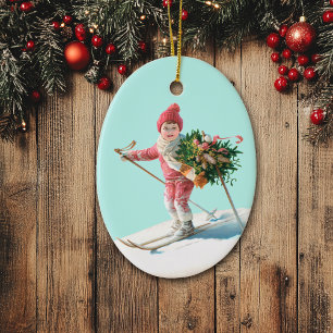 Décoration En Céramique Bouquet de Noël de l'enfant skieur