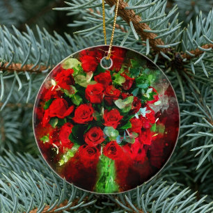 Décoration En Céramique Bouquet de roses rouges aquarelle sur fond noir