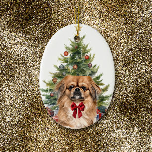 Décoration En Céramique Bow rouge adorable Pekingese Chien Noël