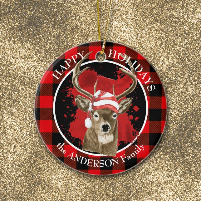 Décoration En Céramique Buffalo Plaid Deer Santa Hat (Créateur téléchargé)