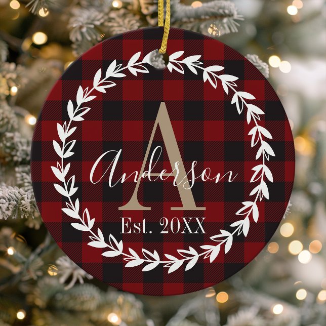 Décoration En Céramique Buffalo Plaid Monogram Wreath Famille Noël (Créateur téléchargé)